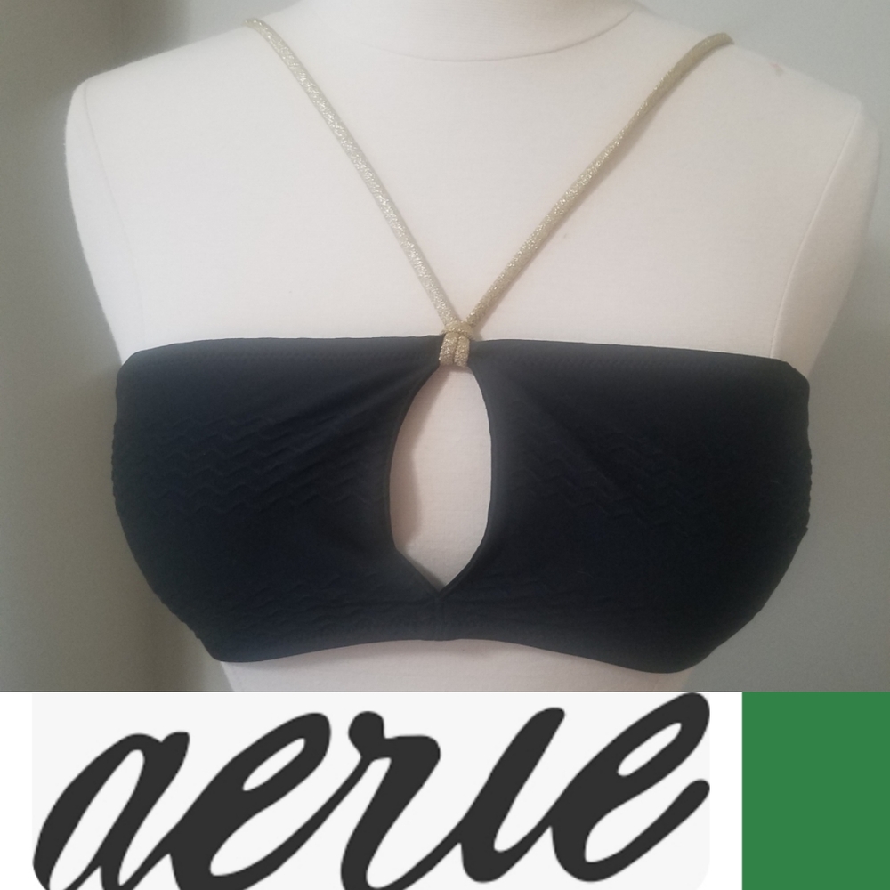 Aerie Black Keyhole Bandeau Swim top with gold metallic straps NEW